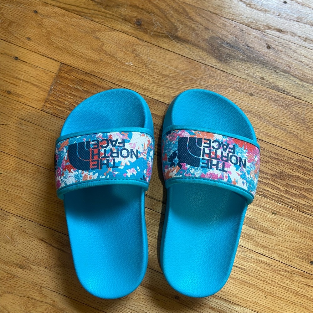 The North Face Turquoise Slide Sandals with Multicolor Strap size 10